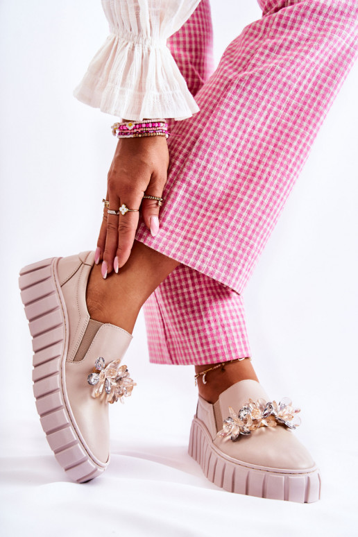 Women's Leather Sneakers Slip-On With Decoration Beige Mirana  Women's Leather Sneakers Slip-On With Decoration Beige Mirana