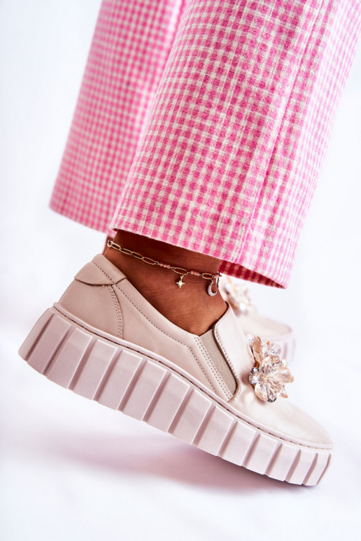 Women's Leather Sneakers Slip-On With Decoration Beige Mirana  Women's Leather Sneakers Slip-On With Decoration Beige Mirana