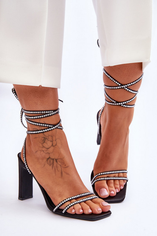Elegant Tied Sandals With Rhinestones Black Nessy