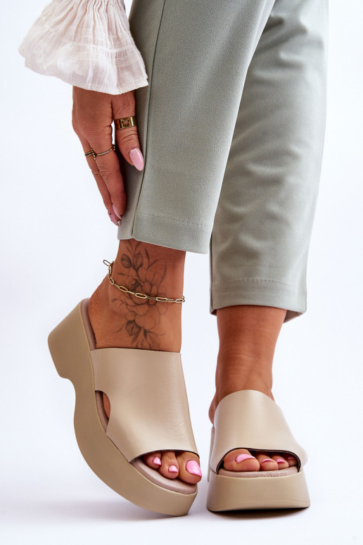 Women's Leather Platform Sandals Beige Lucami