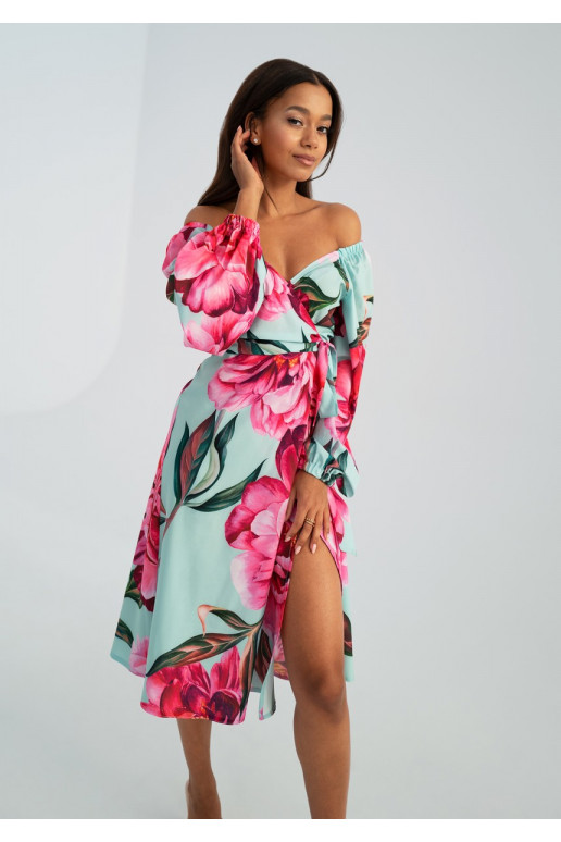 Blanche - Blue peony printed mid-length wrap dress