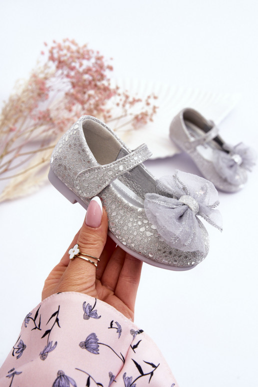 Children's ballerinas with a bow and glitter on velcro Silver-Grey Elisa