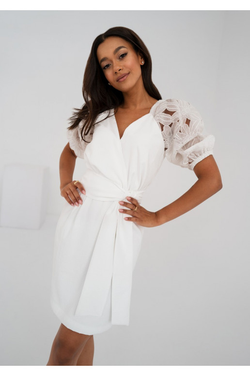 Ariela - Ecru coctail dress with openwork sleeves