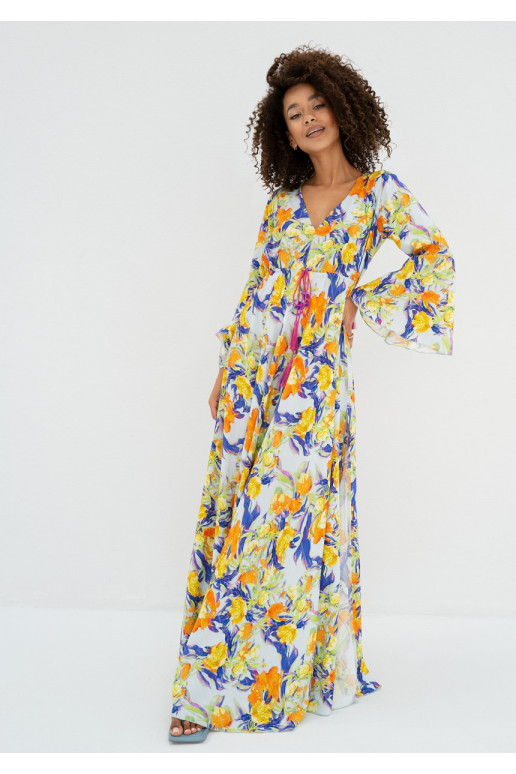 Aliyah - Boho light blue floral patterned maxi dress