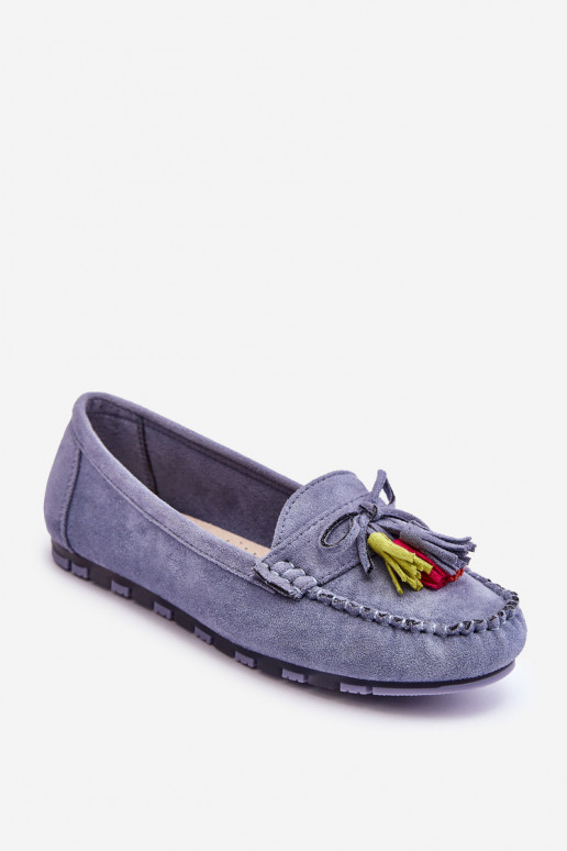 Suede Loafers With Bow And Fringes Blue Dorine