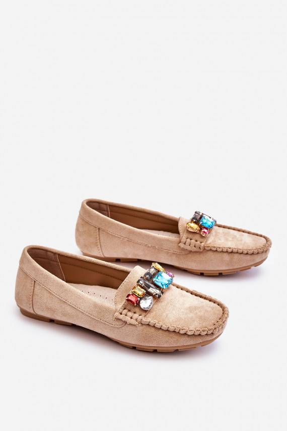 Women's Suede Loafers With Crystals Beige Lucille