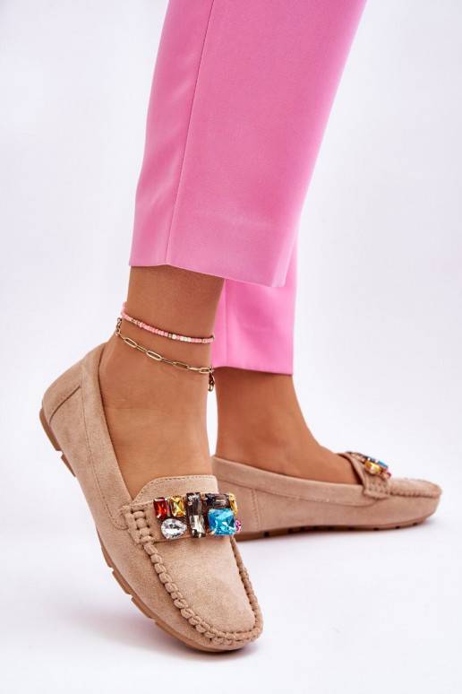Women's Suede Loafers With Crystals Beige Lucille
