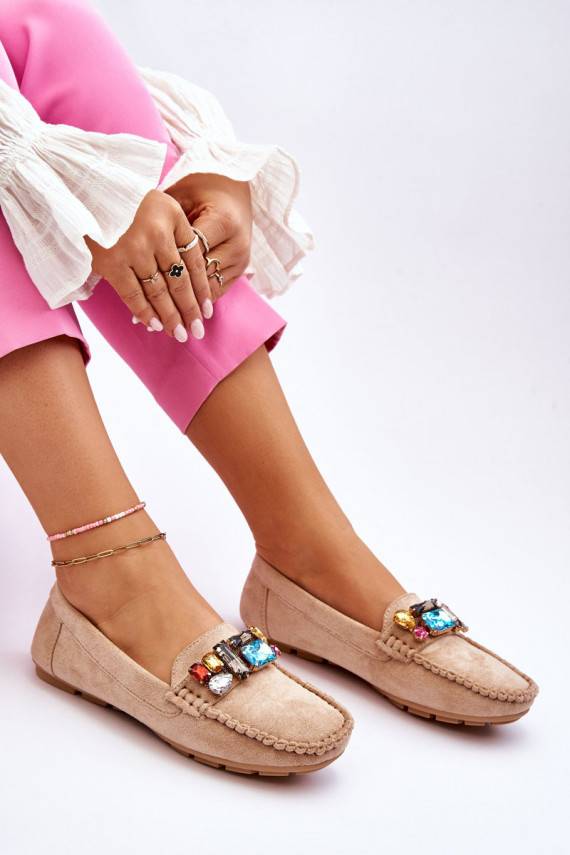 Women's Suede Loafers With Crystals Beige Lucille