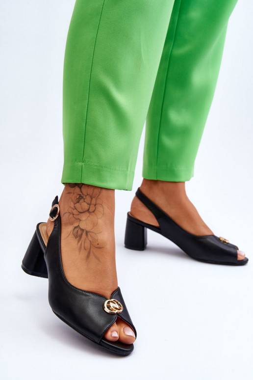 Fashionable Leather Heel Sandals Black Hette Fashionable Leather Heel Sandals Black Hette