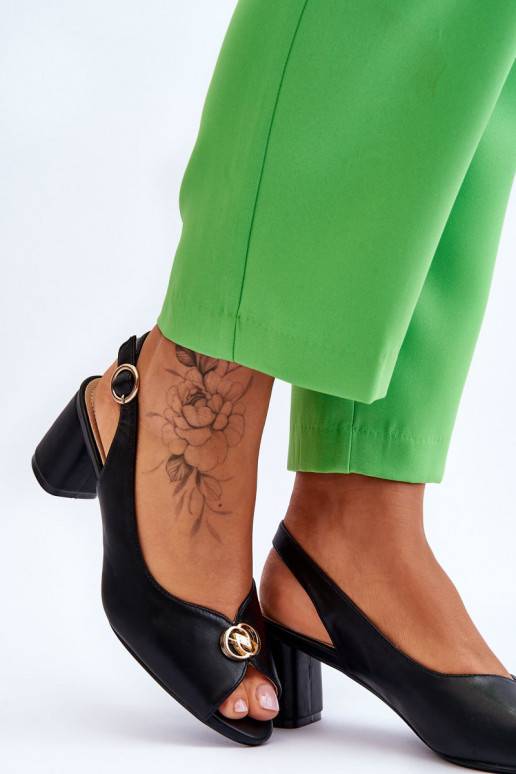 Fashionable Leather Heel Sandals Black Hette Fashionable Leather Heel Sandals Black Hette