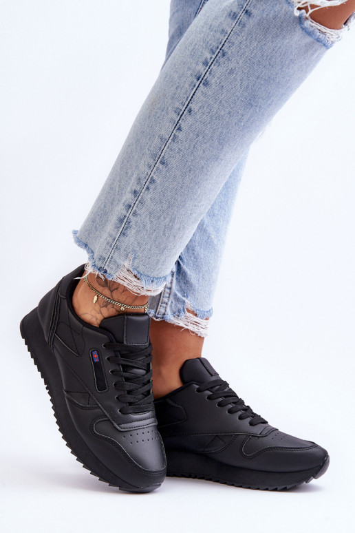 Leather Lace Up Platform Sports Shoes Black Merida