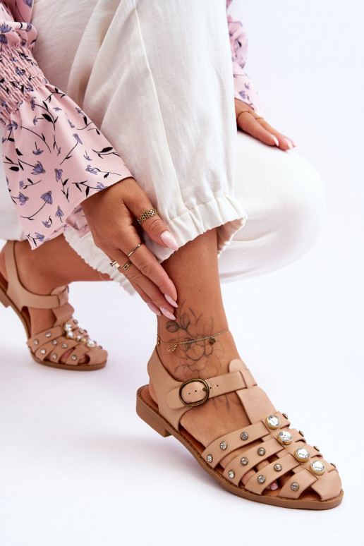 Women's Flat Sandals With Zircons Beige Ascot