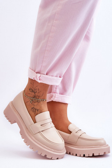 Leather Slip-On Platform Loafers Beige Riverside 2