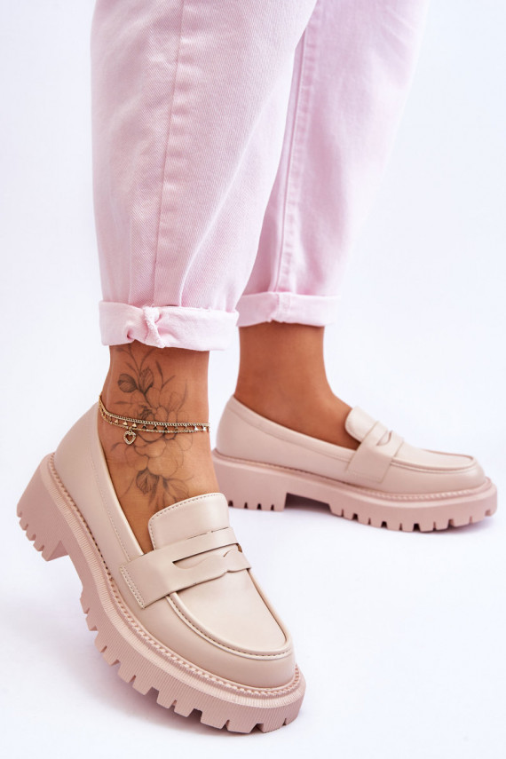Leather Slip-On Platform Loafers Beige Riverside