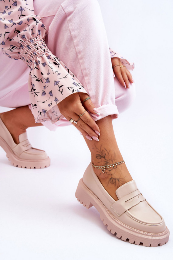 Leather Slip-On Platform Loafers Beige Riverside