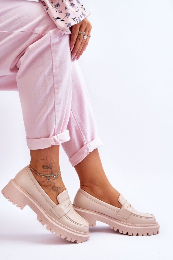 Leather Slip-On Platform Loafers Beige Riverside