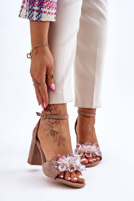 Elegant High Heel Sandals With Crystals Dark beige Cameron 
