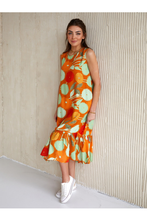 Trapezoidal dress with floral patterns  orange 0594