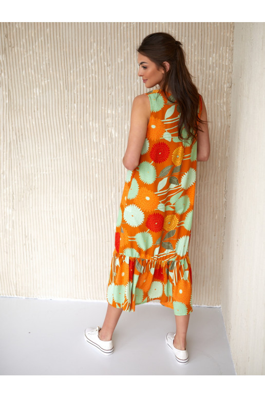 Trapezoidal dress with floral patterns  orange 0594 Trapezoidal dress with floral patterns  orange 0594