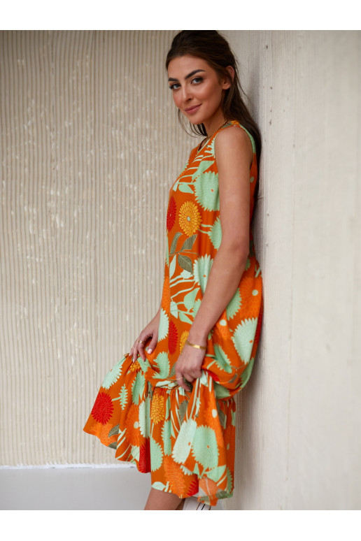 Trapezoidal dress with floral patterns  orange 0594 Trapezoidal dress with floral patterns  orange 0594