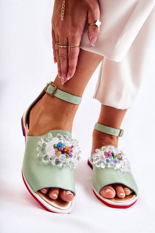 Women's Leather Sandals With Decoration Green Nevassa