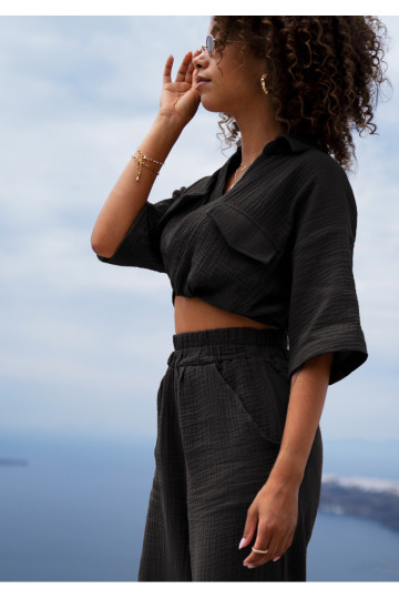 Thera - Black muslin crop shirt 2