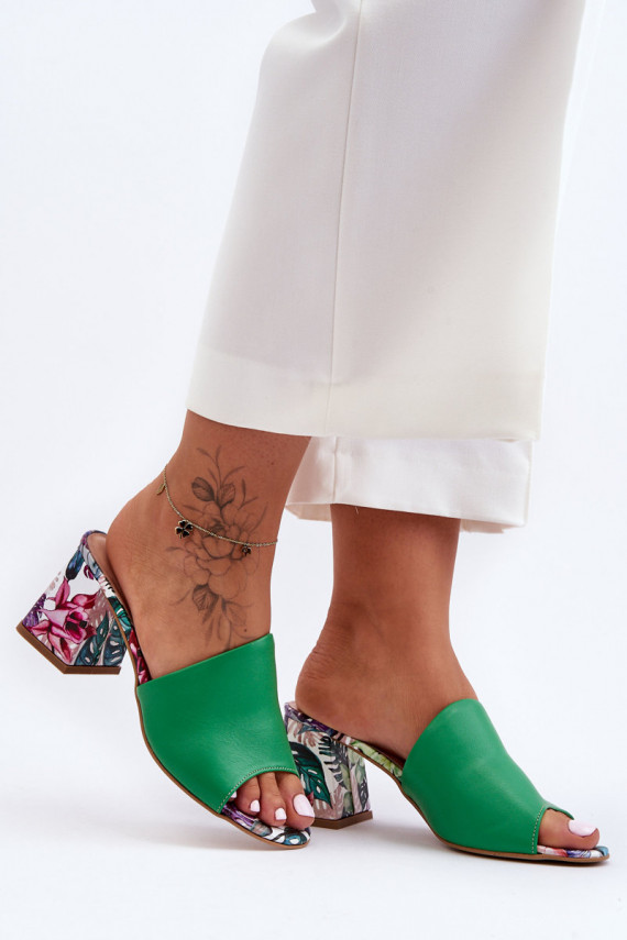 Women's Leather Mules on Heel Lewski Shoes 3209/K Green