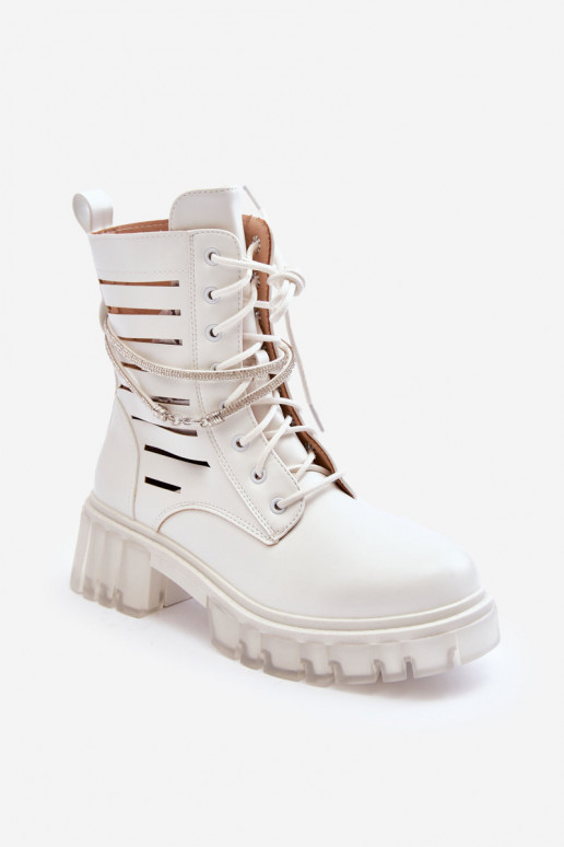 Fashionable Lace-up Boots with Decorative Strip White Rocky