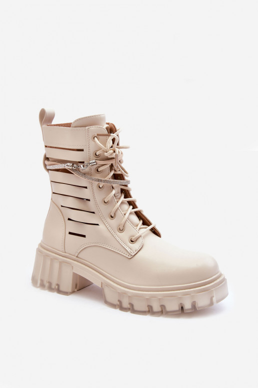 Fashionable Lace-up Boots with Decorative Strip Beige Rocky