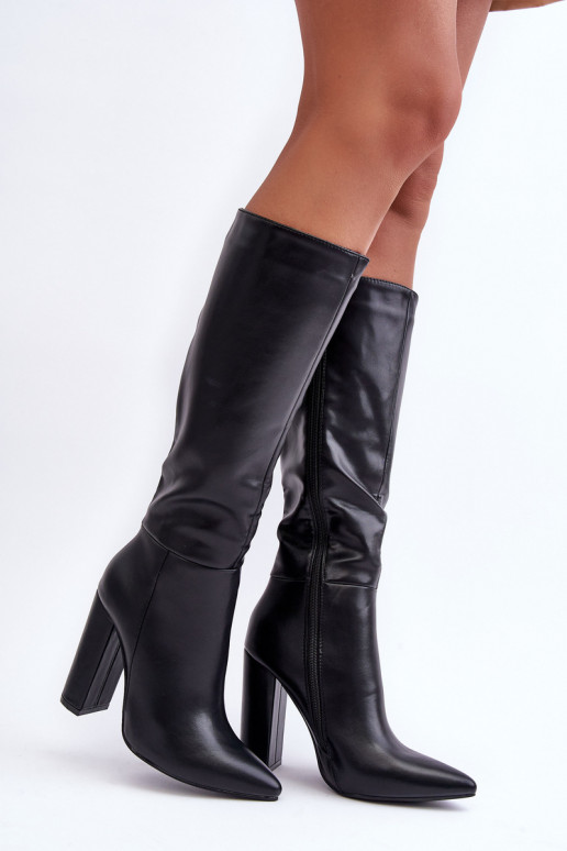 Elegant Leather Heeled Boots Black Eudonice