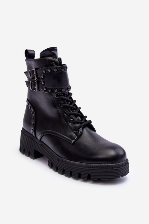 Leather Embellished Boots Worker Black Carshena