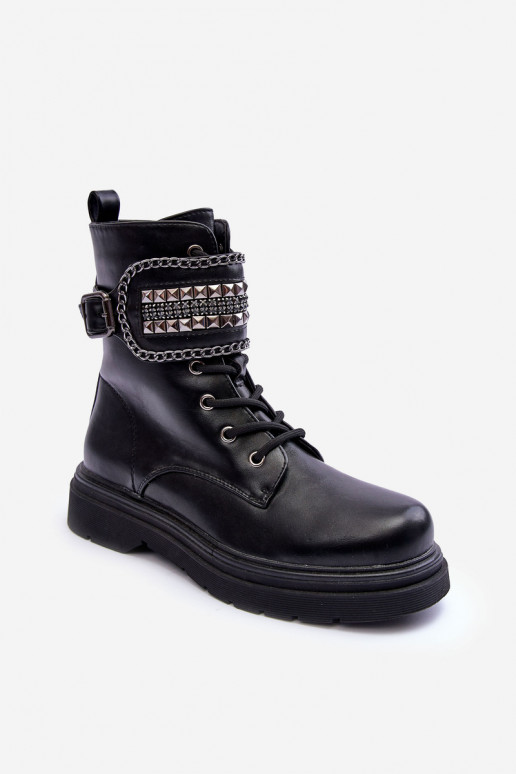 Leather Boots Workery Decorated with Studs Black Kongei