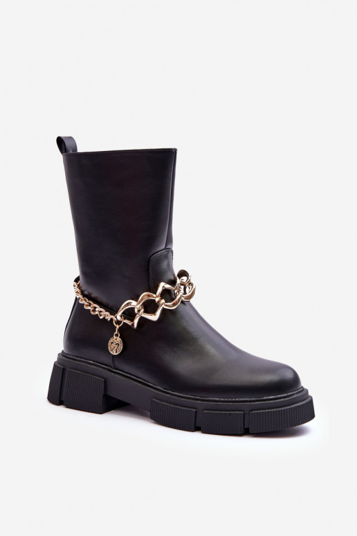 Leather High Boots with Chain Black Pugen