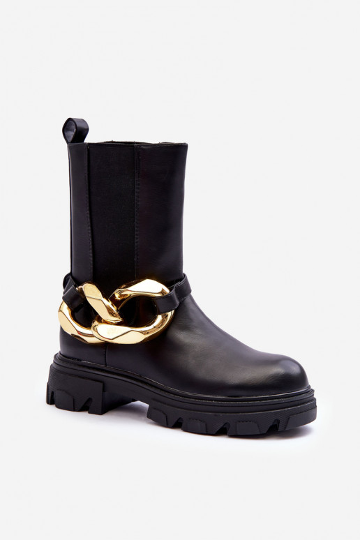 Fashionable Leather Boots Ankle Boots with Chain Black Kambiz