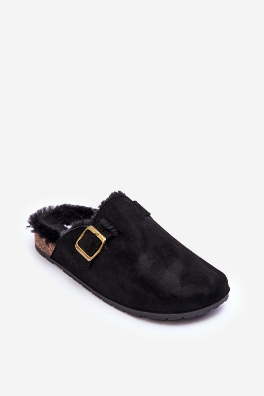 Women's Suede Mules with Faux Fur Black Haidamia