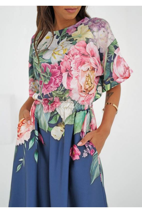 Greta - navy blue floral printed midi dress