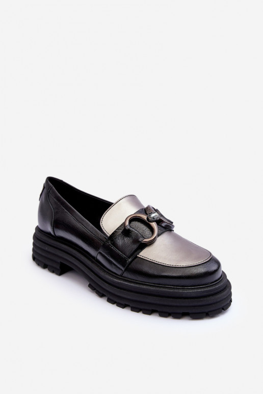 Women's Leather Loafers Flat Heel Black Elkiza
