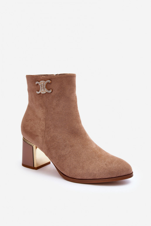 Leather Boots On Heel With Ornament Beige Dwinja