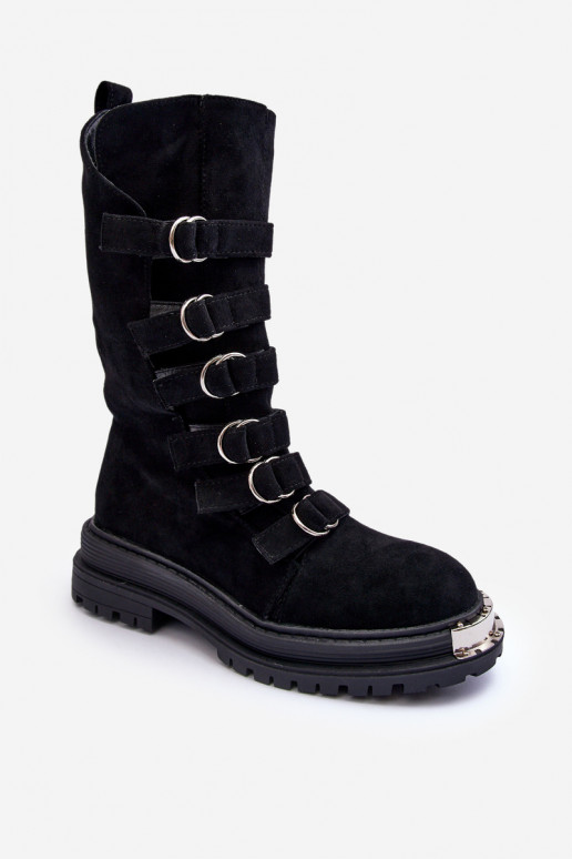Leather High Boots with Straps Black Elnatea