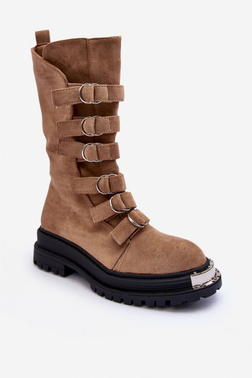 High Boots with Straps Suede Workery Beige Elnatea