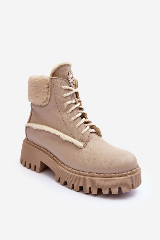Women's Leather Trapper Boots Beige Vergo