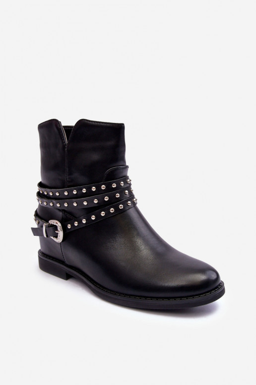 Women's Adorned Leather Boots on a Flat Heel Black Adkrana