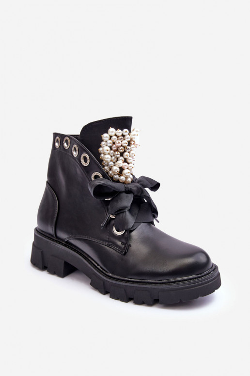 Leather Embellished Low Boots On A Flat Heel Black Binga