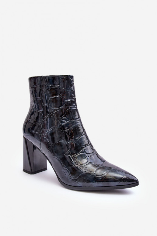 Leather Lacquered Boots on Heel SBarski MR870-58 Navy Blue