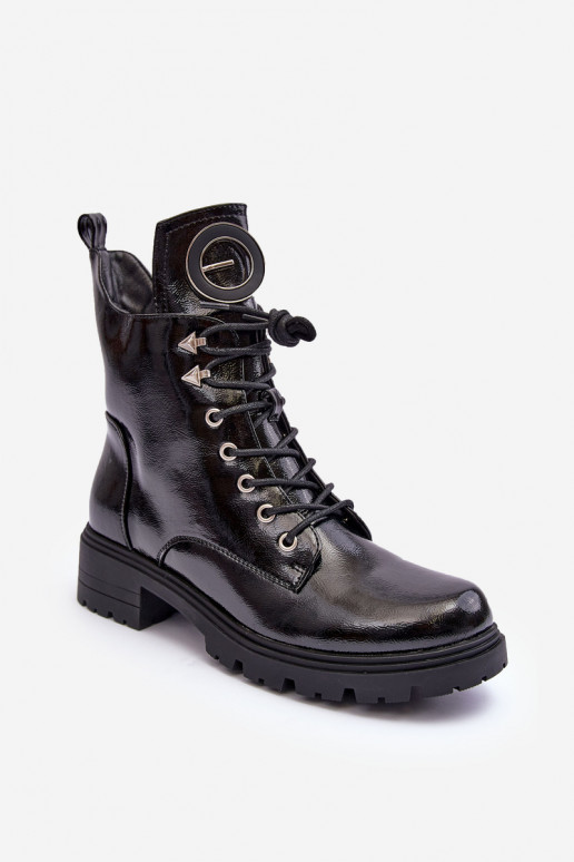 Glossy Boots with Ornament Workery Black Emmber