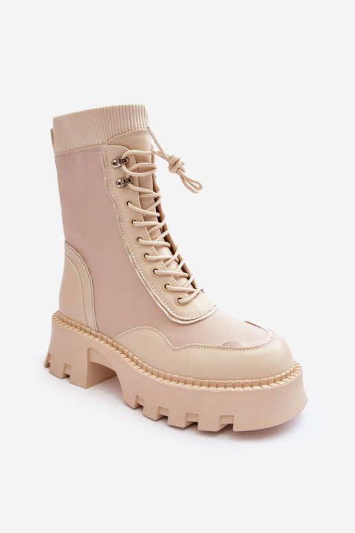 Leather Lace-Up Chunky Boots Women's Beige Seloma