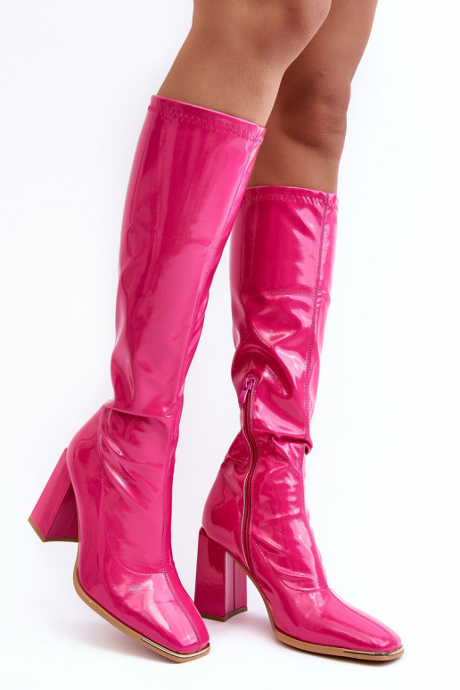 Glossy Knee-High Boots on Heel in Fuchsia Mlokva