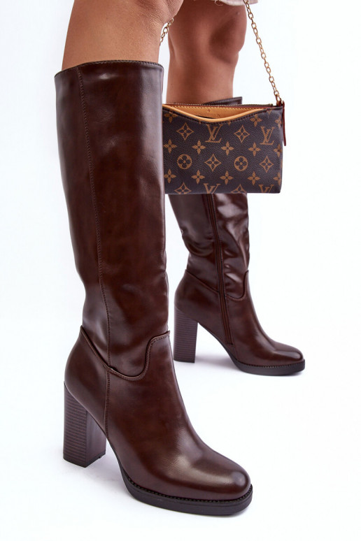 Elegant Leather Knee-High Boots on Heel Brown Felsha