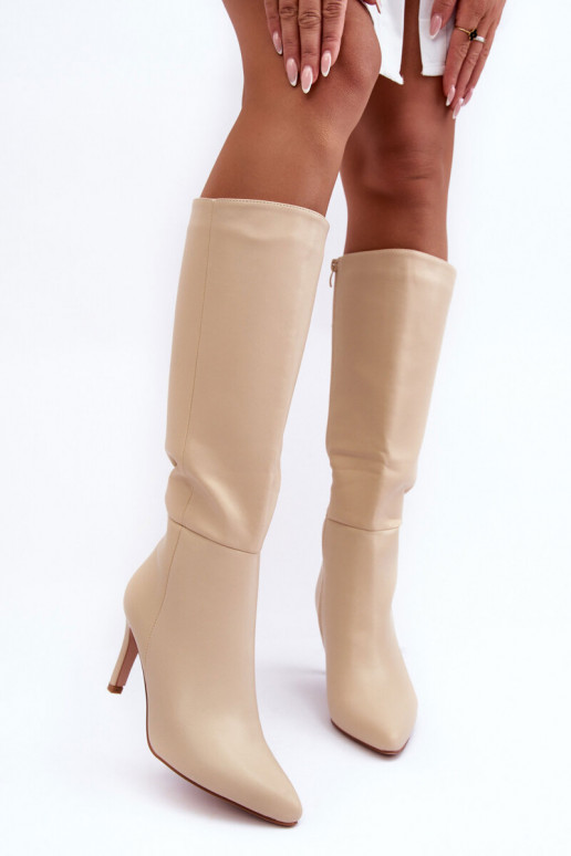 Leather Heeled Over-the-Knee Boots Beige Serpens