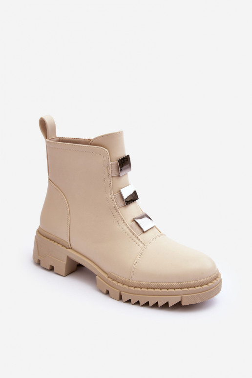 Leather Boots on Flat Heel Light Beige Azulenn